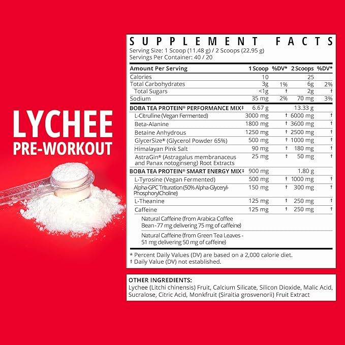 Boba Tea Pre-Workout Powder | Lychee Flavor | 125-250mg Caffeine | L-Citrulline, Beta Alanine, Alpha-GPC | Real Ingredients | Premium Pre Workout Powder for Men and Women | 20-40 Servings
