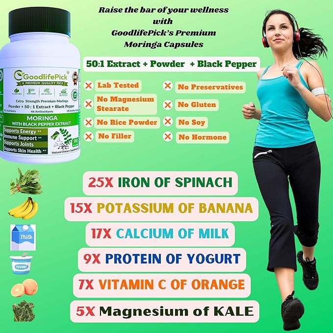 Premium Moringa Capsules with Black Pepper. Moringa Oleifera Powder & 50:1 Moringa Extract for Maximum Benefits 90ct All Natural NonGMO No Rice Powder No Stearate No Silicon Vegan
