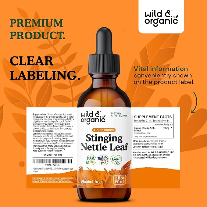 Wild & Organic Stinging Nettle Leaf Extract Drops - Urinary Tract Support - Liquid Stinging Nettle Supplement - Urtica Dioica Tincture - 2-Month Supply - Vegan, Sugar & Alcohol-Free - 2 fl oz