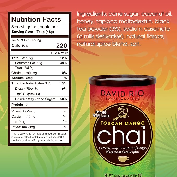 Toucan Mango Chai Tea Latte Mix, 14 Oz, Black Tea, Organic Spices, Dairy Free, Serve Hot or Cold, Just Add Water or Milk, 8 Servings