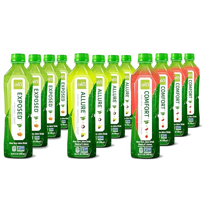 ALO Aloe Vera Juice | 16.9 fl oz, Pack of 12 | 3-Flavor Variety Pack | ALLURE, COMFORT, EXPOSED Plant-Based Drink