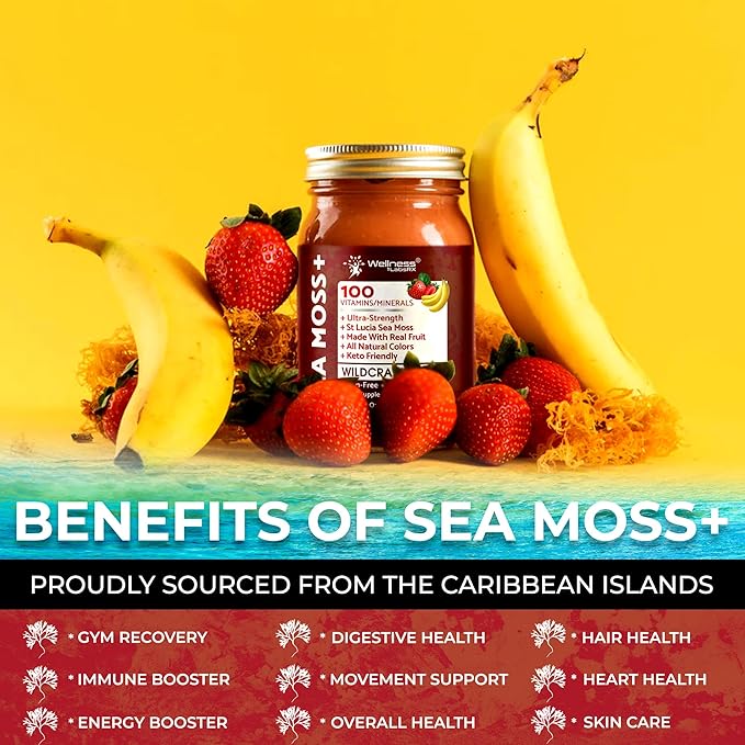 Irish Sea Moss Gel Raw - Wildcrafted Superfood Seamoss Gel - Strawberry Banana Flavor, Vitamin and Mineral-Rich from Pristine Caribbean Waters, Immune and Digestive Health Support - 10 oz.