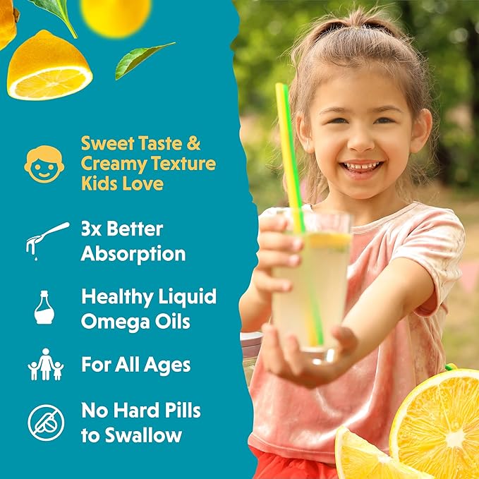 Barlean's Omega 3 Fish Oil Liquid Supplement for Kids, Chirpin' Slurpin' Lemonade, 540 mg of EPA and DHA Fatty Acid, 8 oz