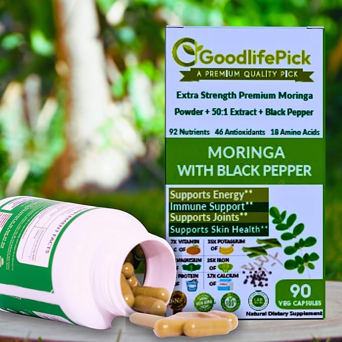 Premium Moringa Capsules with Black Pepper. Moringa Oleifera Powder & 50:1 Moringa Extract for Maximum Benefits 90ct All Natural NonGMO No Rice Powder No Stearate No Silicon Vegan