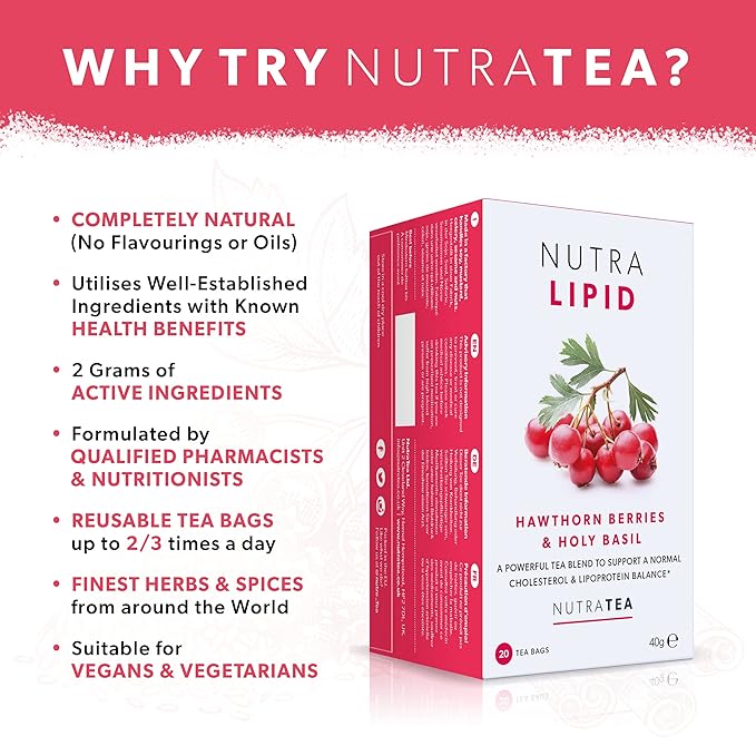 Nutra Tea NUTRALIPID - Lipid Management Tea | Cholesterol Tea – Supports Cholesterol Levels and Heart Health – Includes Red Yeast Rice & Fenugreek - 40 Enveloped Tea Bags Herbal Tea - (2 Pack)