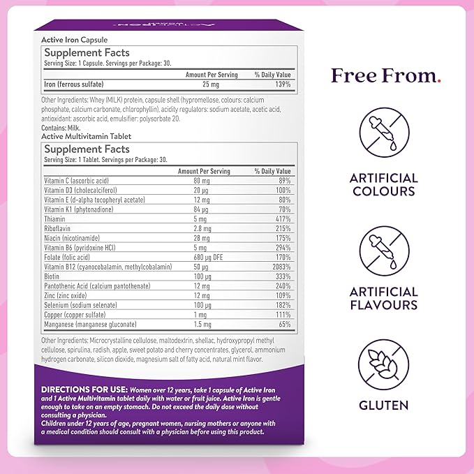 Iron Supplement 25mg + Multivitamin for Women – Clinically Proven to Increase Energy & Reduce Tiredness – Gentle, Non-Constipating Iron + Women’s Multivitamin – 30 Capsules + 30 Tablets