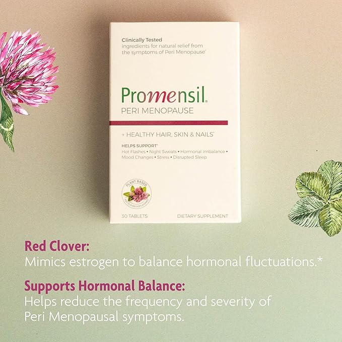 Promensil Perimenopause Supplements for Women- Red Clover Isoflavones Vitamins, Helps Support Hot Flashes, Night Sweats, Restlessness, Contains Biotin & Vitamin D- 30 Tablet Count, Pack of 1