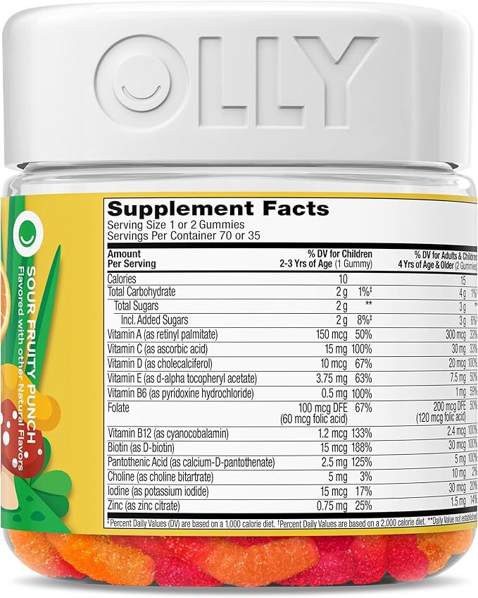 OLLY Kids Multivitamin Gummy Worms, Overall Health and Immune Support, Vitamins and Minerals A, C, D, E, Bs and Zinc, Chewable Supplement, Sour Fruit Punch, 45 Day Supply (70 Count)
