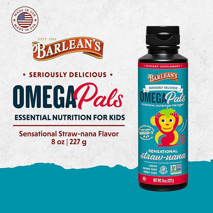 Barlean's Omega Pals Omega 3 for Kids, Yummy Straw-Nana Flavored Children's Liquid Flax Seed Oil Supplement with 1,483 mg ALA, Non-GMO, Vegan Brain and Eye Health, 8 oz