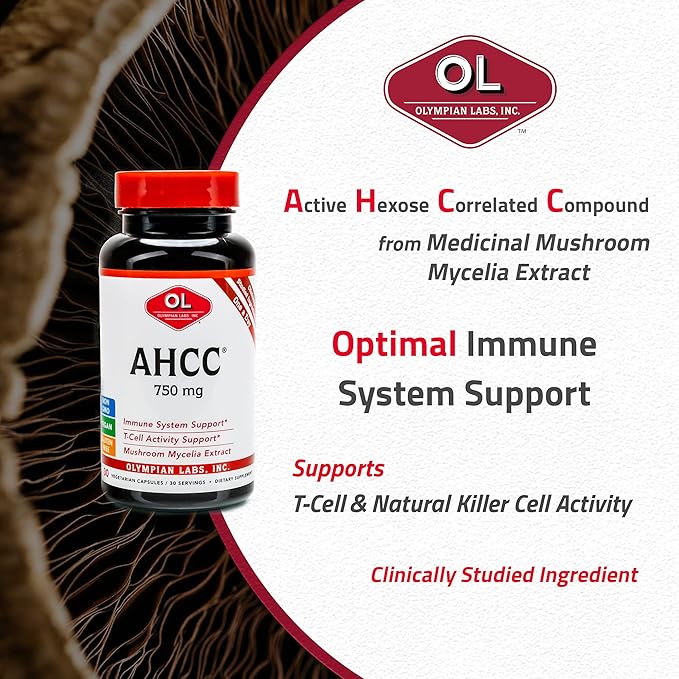 Olympian Labs Premium AHCC Supplement 750mg of AHCC per Capsule – Supports Immune Health, Liver Function, and Natural Killer Cell Activity - Bulk 120 Servings