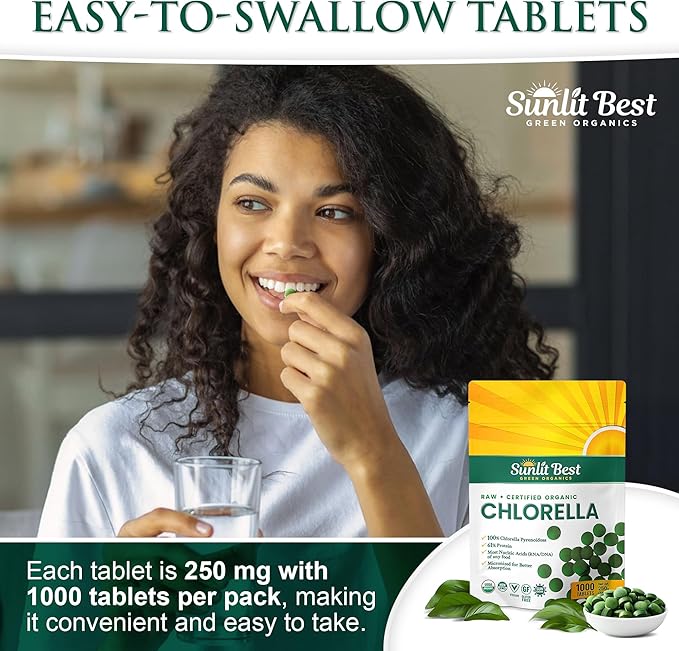 Sunlit Best USDA Organic Premium Chlorella Tablets 1000 Count | 100% Pure Chlorella Superfood Supplement High in Protein, Chlorophyll, Vitamins, & Minerals | Supports Good Health, Wellbeing