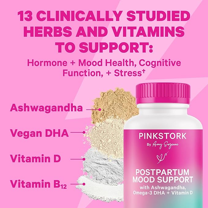 Pink Stork Postpartum Essentials Kit – Hormone Balance, Recovery & Mood Support for New Moms – Postnatal Vitamins Ashwagandha + Herbal Teas for Stress Relief, Energy, Sleep – Gift Set – Vegan, Organic