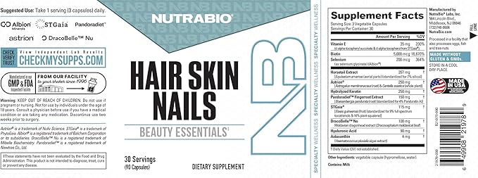 NutraBio Hair Skin Nails Vitamins| Enhanced Collagen Support | Skin Hydration | for Men & Women with Biotin, Keratin, Hyaluronic Acid & More- 90 Capsules