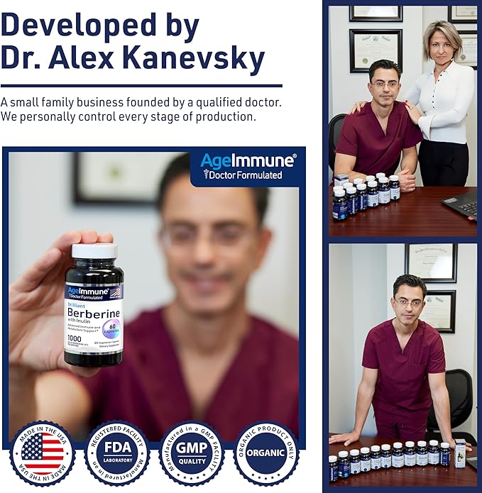 Berberine 1000mg Supplement Complex with Inulin Prebiotic - Each Capsule Contains Berberine 500mg - Doctor Formulated Supplements for High Absorption.