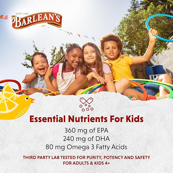 Barlean's Omega 3 Fish Oil Liquid Supplement for Kids, Chirpin' Slurpin' Lemonade, 540 mg of EPA and DHA Fatty Acid, 8 oz