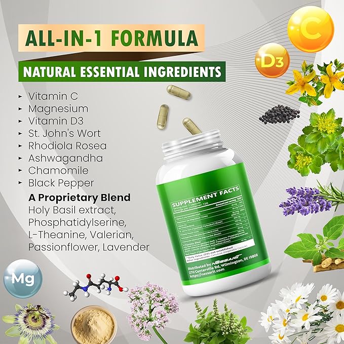 ST John's Wort 14-in-1 Natural Blend with Rhodiola Ashwagandha Chamomile Holy Basil L-Theanine Valerian Passionflower - 150 Count - Made & Tested in The USA