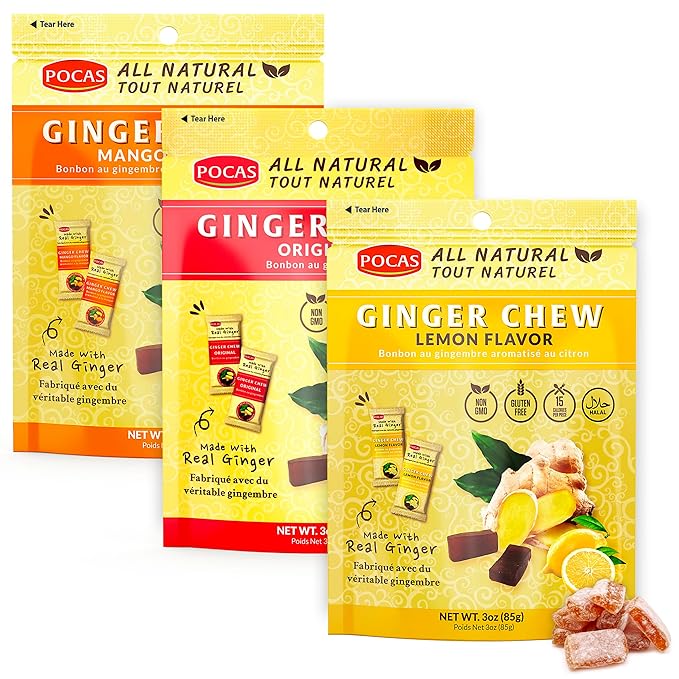 Pocas Ginger Chews, Variety Pack - Mango, Original, and Lemon Ginger Chews, Individually Wrapped Snacks, Ginger Candy Made with Pure Cane Sugar, 3 Oz Ea (3 Piece Set)