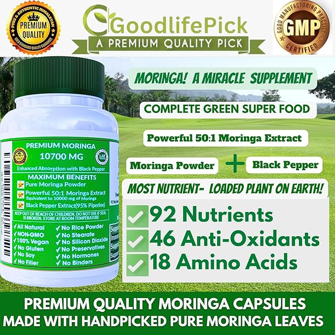 Premium Moringa Capsules with Black Pepper. Moringa Oleifera Powder & 50:1 Moringa Extract for Maximum Benefits 90ct All Natural NonGMO No Rice Powder No Stearate No Silicon Vegan