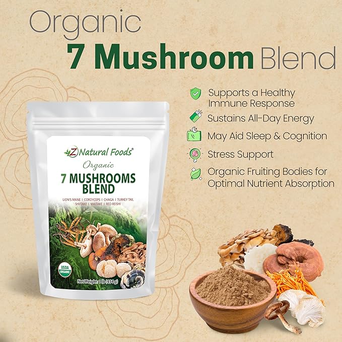 Z Natural Foods Organic 7 Sacred Mushrooms Blend - Mushroom Powder for Immune Health - Lionโs Mane, Cordyceps, Chaga, Red Reishi, Shiitake, Maitake & Turkey Tail Extract for Coffee, Smoothies, 1 lb