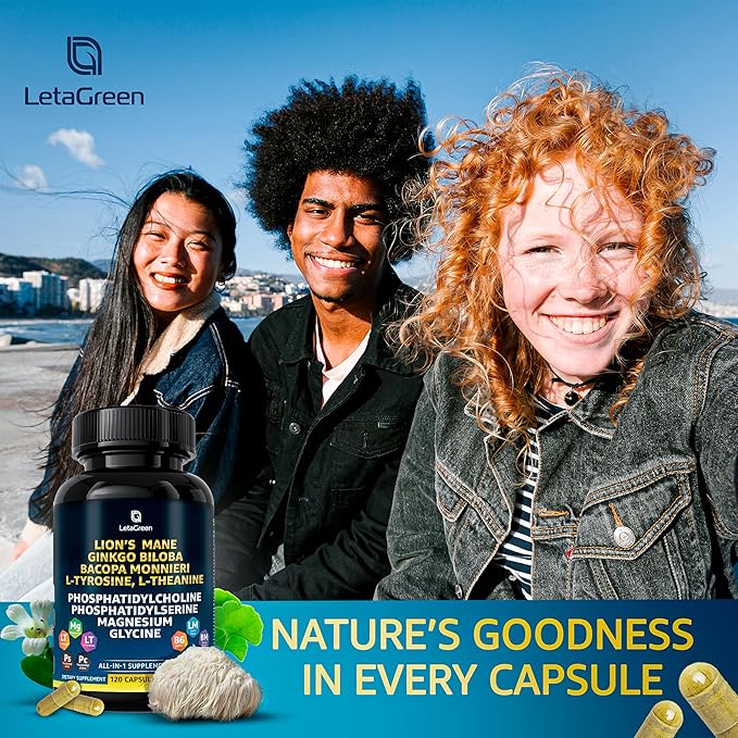 Organic Lions Mane Supplement Capsules - 240 Real Mushrooms Lion's Mane Capsules with Ginkgo Biloba Herb, Bacopa Monnieri, L Theanine, L Tyrosine - Mushroom Complex for Daily Wellness