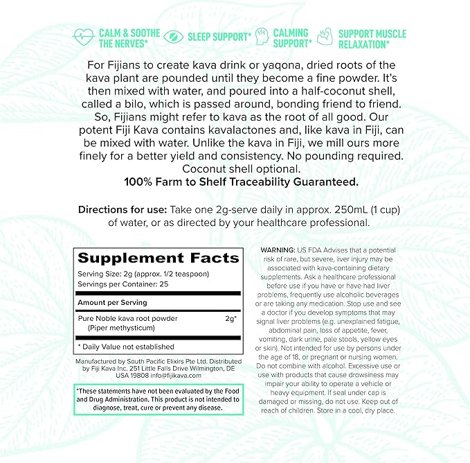 FijiKava Instant Kava Kava Powder 50g – Premium Kava Root Powder with High Kavalactone Content – Natural Relaxation Aid for Calmness, Stress Relief, and Sleep Support – Easy-to-Mix