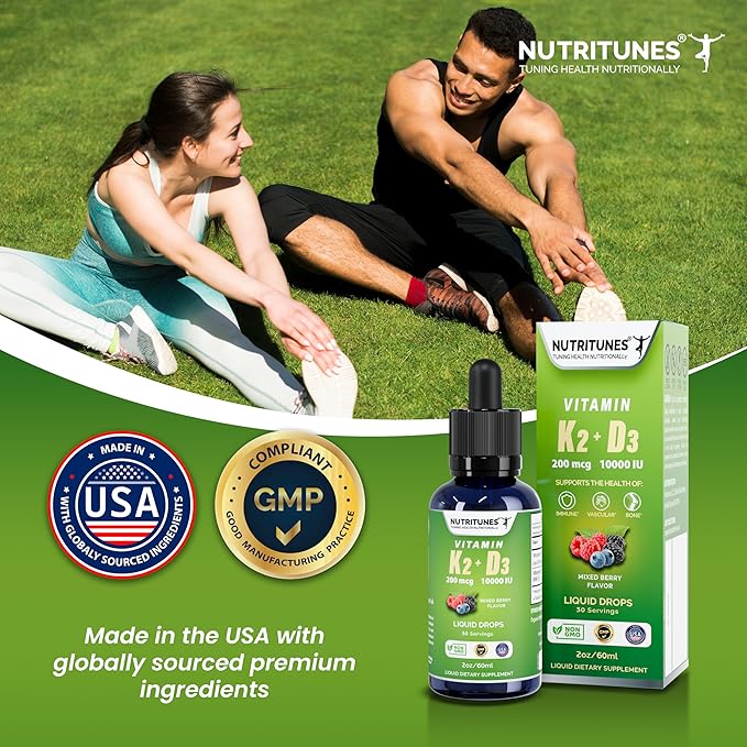 K2 D3 Liquid Drops–Vitamin D3 10,000 IU & Vitamin K2 200 mcg – High-Potency Supplement for Bone, Immune, and Heart Health – Mixed Berry Flavor, Non-GMO, Easy-to-Use – 30 Servings (2oz)