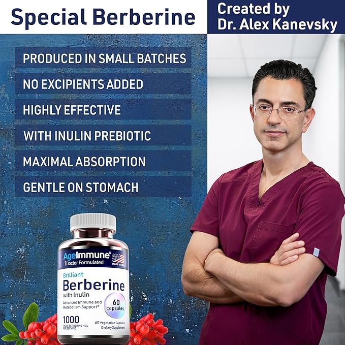 Berberine 1000mg Supplement Complex with Inulin Prebiotic - Berberine 500mg per Capsule - Doctor Formulated Supplements for High Absorption from a Doctor-Owned Brand.