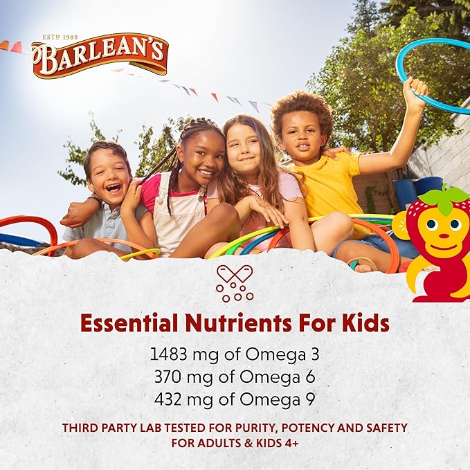 Barlean's Omega Pals Omega 3 for Kids, Yummy Straw-Nana Flavored Children's Liquid Flax Seed Oil Supplement with 1,483 mg ALA, Non-GMO, Vegan Brain and Eye Health, 8 oz