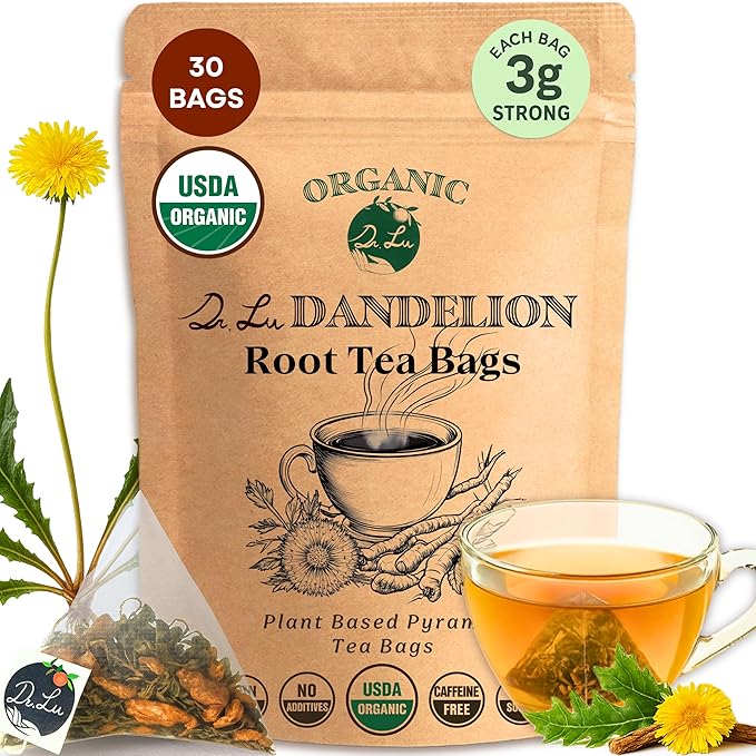 Dr. Lu’s Organic Dandelion Root & Leaf Tea | Wild-Harvested in Eastern Europe | 100% Natural Liver & Detox Support | 30 x 3g High-Intensity Brew Corn Fiber Pyramid Bags (No Plastic, No Nylon)