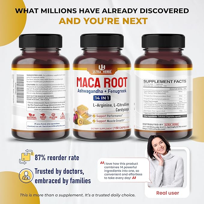 Peruana Maca Root Black, Red, Yellow | Maca Root Capsules Enhanced with Ginseng, Ashwagandha, Fenugreek | Support Stamina, Performance & Mood | 150 Capsules