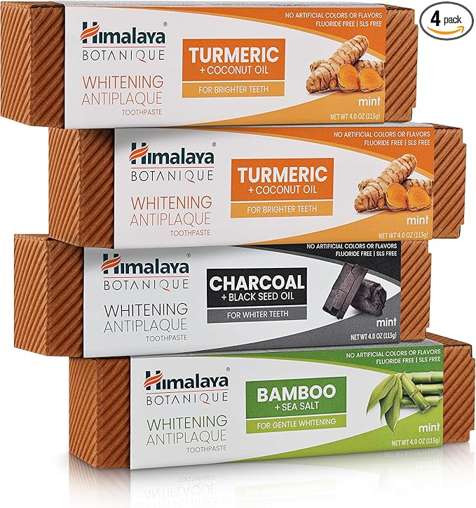 Himalaya Botanique Whitening Antiplaque Toothpaste, Variety Pack Mint Flavors - Whitening Toothpaste Without Fluoride for Whiter Teeth & Fresh Breath - Vegan, Gluten Free, 4 oz (Pack of 4)