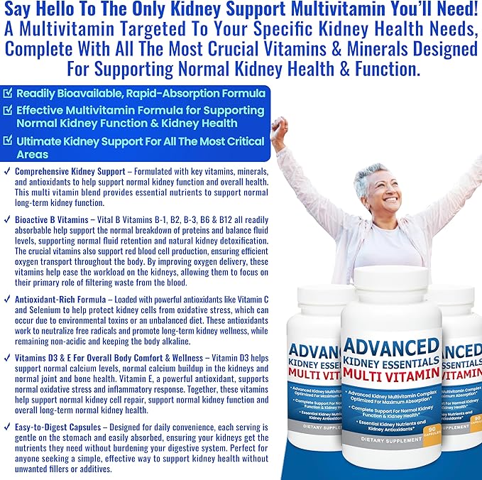 Advanced Kidney Essentials Multivitamin. Kidney Support Supplement for Complete Kidney Health. Kidney Health Supplement with Renal Vitamins 30 Caps
