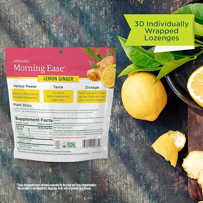 Traditional Medicinals Lozenges, Organic Morning Ease Lemon Ginger, Relieves Nausea & Morning Sickness Associated w/Normal Pregnancy, 30 Individually Wrapped Lozenges