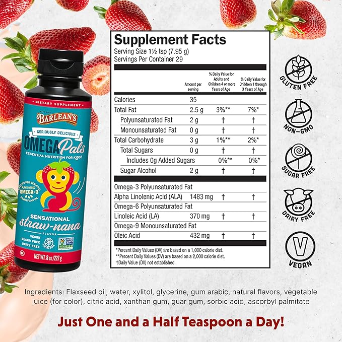 Barlean's Omega Pals Omega 3 for Kids, Yummy Straw-Nana Flavored Children's Liquid Flax Seed Oil Supplement with 1,483 mg ALA, Non-GMO, Vegan Brain and Eye Health, 8 oz
