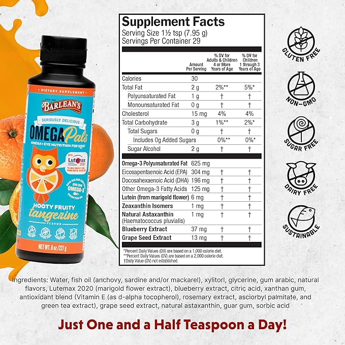 Barlean's Omega Pals Eye Health Liquid, Tangerine Flavored Omega 3 for Kids, Fish Oil Supplement with 500 mg of EPA & DHA Plus Lutein & Zeaxanthin Vitamins for Blue Light Support, 8 oz