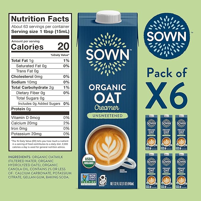 SOWN Organic Oat Creamer Unsweetened - Barista Oat Milk Non Dairy Coffee Creamer - Plant Based, Dairy-Free, Vegan, 0g Added Sugar, Gluten-Free, Non-GMO, Shelf Stable - 32oz (Pack of 6)