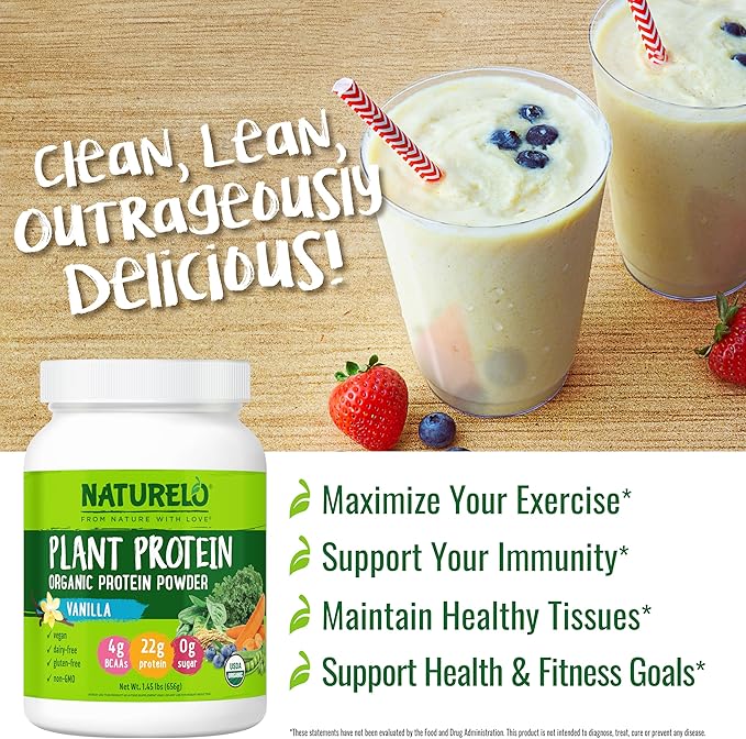 NATURELO Plant Protein Powder, Vanilla, 22g Protein - Non-GMO, Vegan, No Gluten, Dairy, or Soy - No Artificial Flavors, Synthetic Coloring, Preservatives, or Additives - 20 Servings