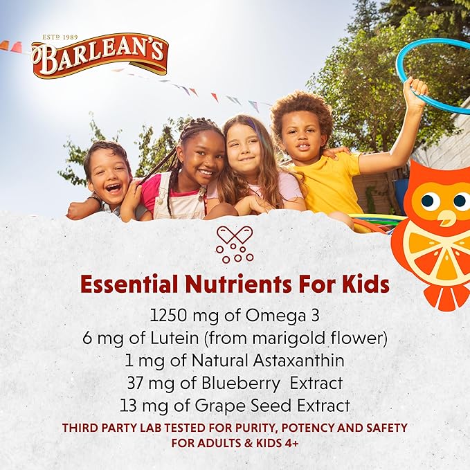 Barlean's Omega Pals Eye Health Liquid, Tangerine Flavored Omega 3 for Kids, Fish Oil Supplement with 500 mg of EPA & DHA Plus Lutein & Zeaxanthin Vitamins for Blue Light Support, 8 oz