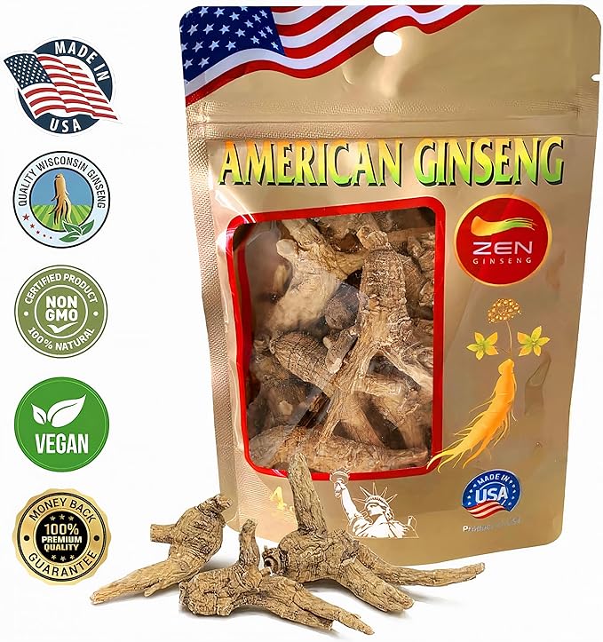 Zen Ginseng - 4 oz Bag of Untrimmed American Ginseng - Non-GMO, Gluten Free. Add This Ginseng in Soup, Tea, Coffee, juices, Smoothies and Baking (Barrel Root 4 oz Bag)