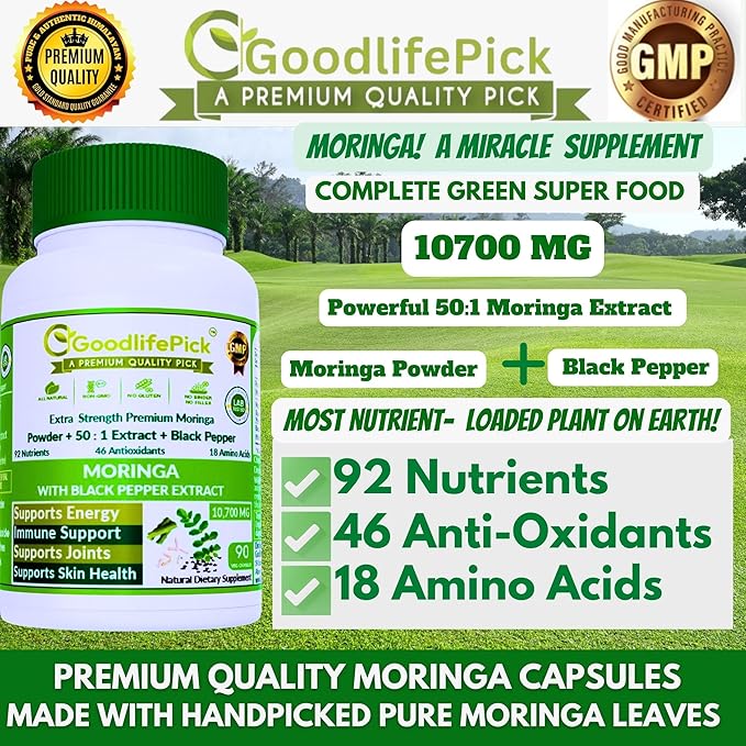 Premium Moringa Capsules. with Black Pepper from Handpicked Moringa Leaves with 50:1 Extract & Moringa Powder for Overall Wellness 90ct AllNatural NonGMO Lab-Tested No Rice Powder No Filler Vegan