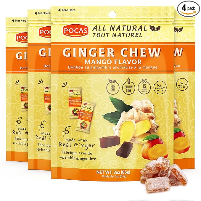 Pocas Mango Ginger Chews - Sweet and Zesty Ginger Chew, Individually Wrapped Low-Calorie Snacks, Ginger Candy Made with Pure Cane Sugar, 3 Oz Ea (Pack of 4)