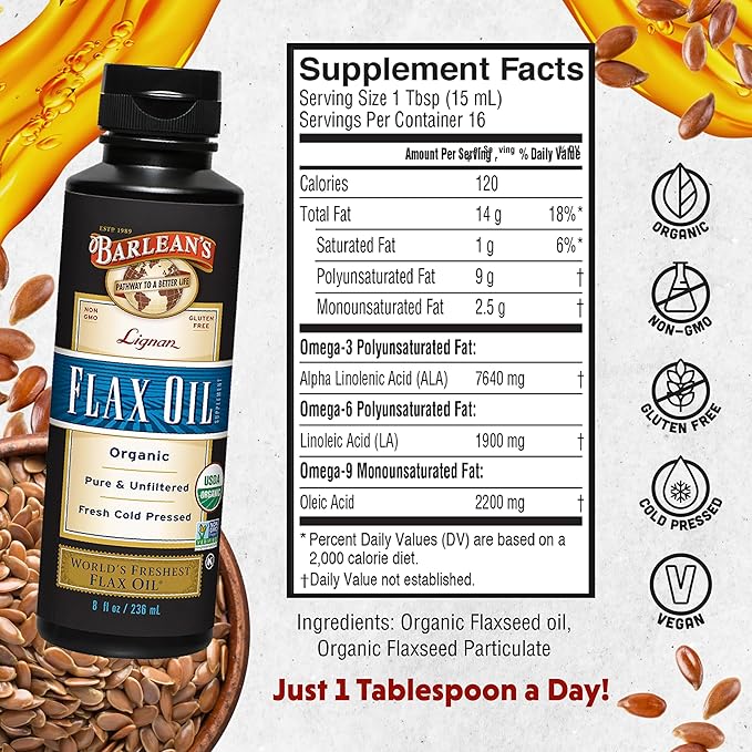 Barlean's Organic Lignan Flaxseed Oil Liquid Supplement from Cold Pressed Flax Seeds, 7,230 mg ALA Omega-3 Fatty Acids for Skin and Hair Care, Vegan & Gluten Free, 8 oz