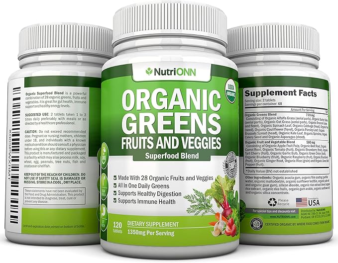 Organic Super Greens Capsules - Fruit And Vegetable Supplements - 120 Count - 28 USDA Organic & Vegan Premium Ingredients - Superfood Blend For Immune Health, Digestion & Energy - Whole Food Vitamins