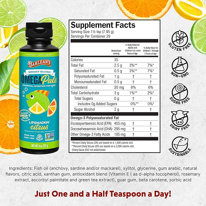 Barlean's Omega Pals Lipsmackin' Citrus Flavored Omega-3 for Kids, Yummy Children's Liquid Fish Oil Supplement with 750 mg of EPA & DHA for Brain & Eye Health, 8 oz