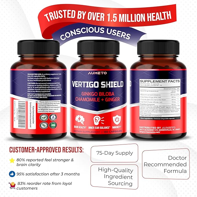 Vertigo Support Complex with Ginkgo Biloba, Chamomile, Ginger, Vitamin D3, B12 - Advanced 14-in-1 Formula for Spinning Dizziness Inner Ear Balance* - Made in The USA