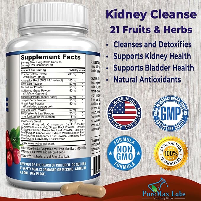 Herbal Kidney Cleanse with Cranberry Extract, Astralagus - 21 Fruits & Herbs - Detox & Cleanse Urinary Tract & Bladder Health, Kidney Support, 60 Vegan Capsules
