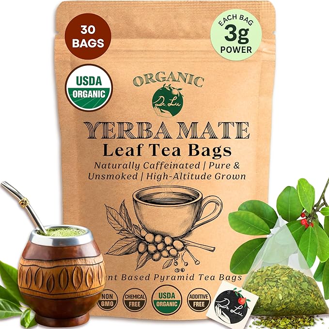 Dr. Lu Organic Turmeric Ginger Cinnamon Tea | Tropical Wild Roots & Bark from South Asia | 100% Natural Digestive & Warming Support | 30 x 3g Potent Root Blend Corn Fiber Pyramid Bags (No Plastic, No Nylon) (30 Count (Pack of 1), Yerba Mate)