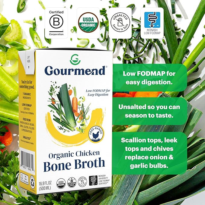 Organic Unsalted 16.9oz Chicken Bone Broth (3 Pack) – 7 Ingredients, Low FODMAP Certified, Filler Free, Gluten Free, Onion & Garlic Bulb Free