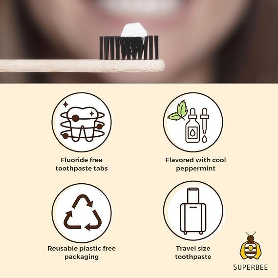SuperBee Dentos Toothpaste Tablets, 150 Tabs, Fluoride Free & Eco Friendly, Travel Mouthwash Tablets, Sensitive Bites Kids Adults, Chewable Tablet, Spearmint