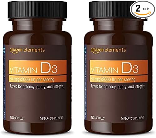 Amazon Elements Vitamin D3, 2000 IU, 180 Softgels, 6 Month Supply (Packaging May Vary), Supports Strong Bones and Immune Health (Pack of 2)